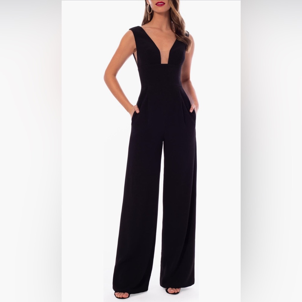 HELSI Zoe Plunge Neck Wide Leg Jumpsuit, L, Black, Like New (worn 1/dry cleaned)